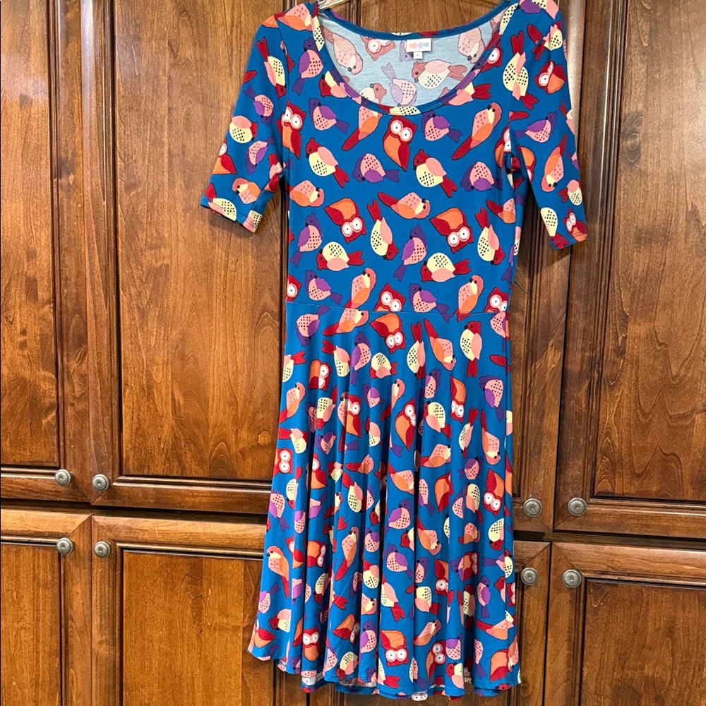 LuLaRoe Nicole Colorful Bird/Owl Print Dress